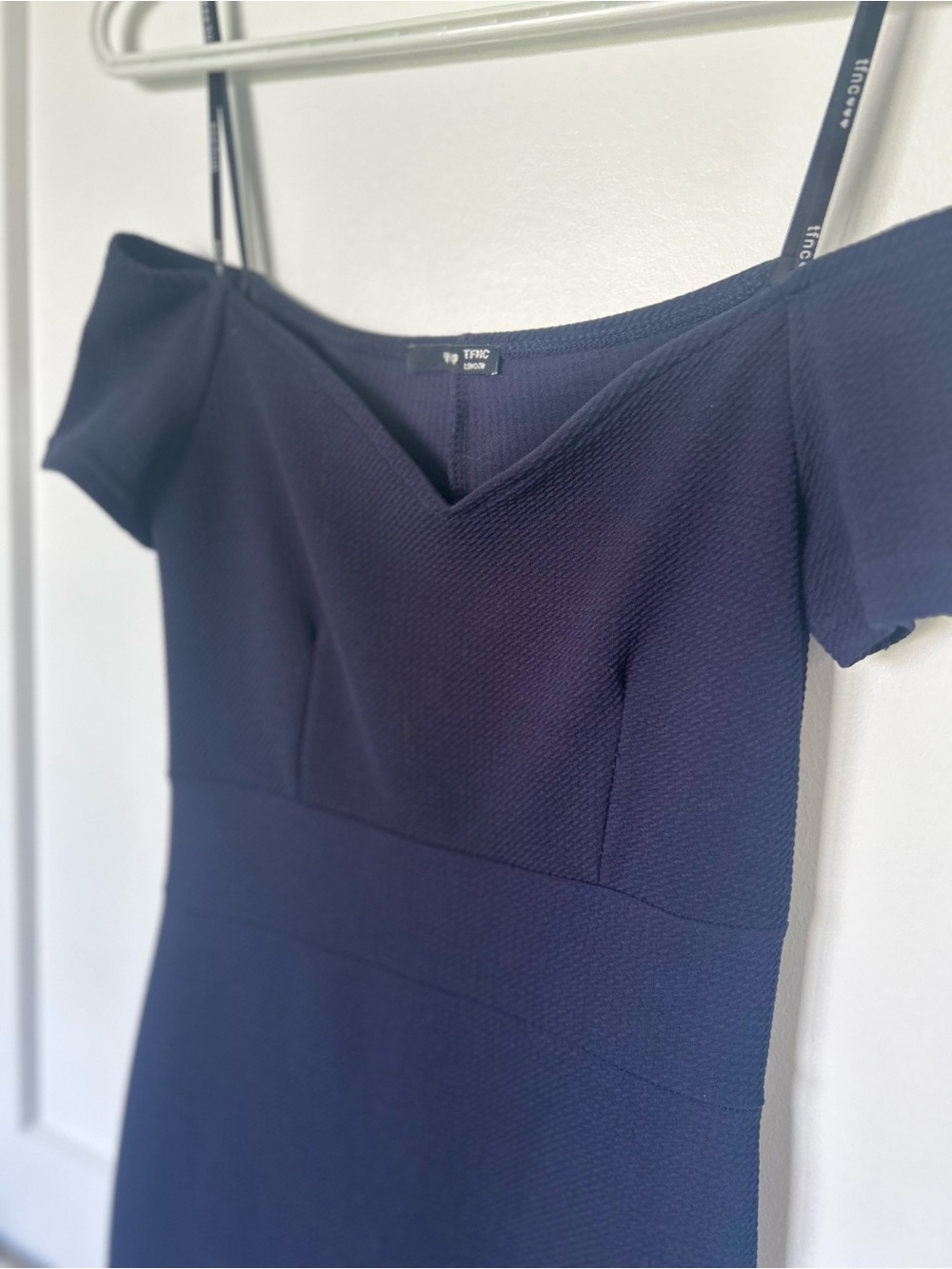Navy Off Shoulder Dress with Sweetheart Neckline